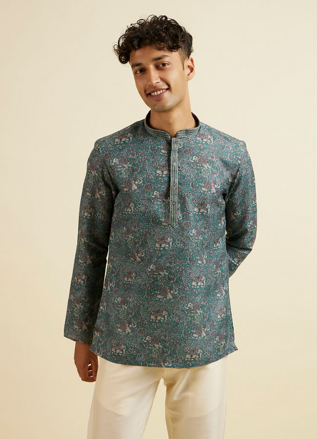 alt message - Manyavar Men Teal Green Bagh Print Short Kurta image number 0